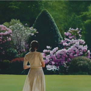 Christopher McVinish realist oil painting landscape with human figure woman garden flowers